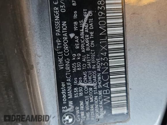 ✅ 2001 BMW Z3 2.5 • VIN: WBACN334X1LM01938 • Лот: 92264975. Опубликован ранее на Copart с пробегом 251 513 миль. Бесплатный доступ к архиву аукционных продаж из США и подробный отчёт об истории автомобиля на DreamBid. Изображение 13.