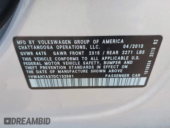 ✅ 2013 Volkswagen Passat Wolfsburg Edition • VIN: 1VWAH7A37DC132561 • Лот: 41913353. Опубликован ранее на IAAI с пробегом 125 709 миль. Бесплатный доступ к архиву аукционных продаж из США и подробный отчёт об истории автомобиля на DreamBid. Изображение 9.