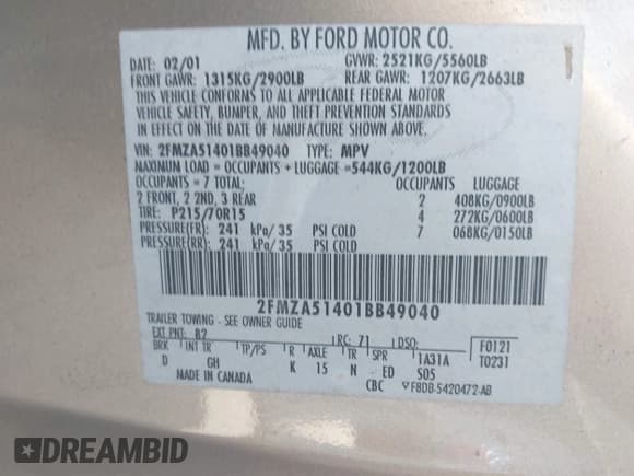 ✅ 2001 Ford Windstar LX • VIN: 2FMZA51401BB49040 • Lot: 43749691. Wystawiony na IAAI z przebiegiem 218 704 mil. Bezpłatny archiwum sprzedaży aukcyjnych z USA i szczegółowy raport historii pojazdu na DreamBid. Zdjęcie 9.