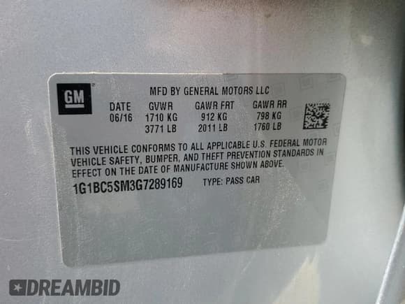 ✅ 2016 Chevrolet Cruze LS • VIN: 1G1BC5SM3G7289169 • Lot: 83931685. Listed on Copart with 239,180 mi. Free auction sales archive from the USA and detailed vehicle history report at DreamBid. Image 12.