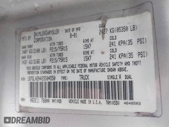 2002 Dodge Dakota SLT с VIN 1B7GL42N42S504550, выставлен на аукционе IAAI как лот 41552476 с пробегом 162 325 миль миль и . История ставок и продаж доступна на DreamBid. Изображение 9.