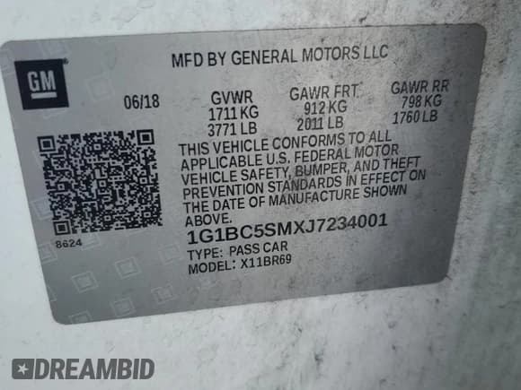 ✅ 2018 Chevrolet Cruze LS • VIN: 1G1BC5SMXJ7234001 • Lot: 59362453. Listed on Copart with Not provided. Free auction sales archive from the USA and detailed vehicle history report at DreamBid. Image 13.