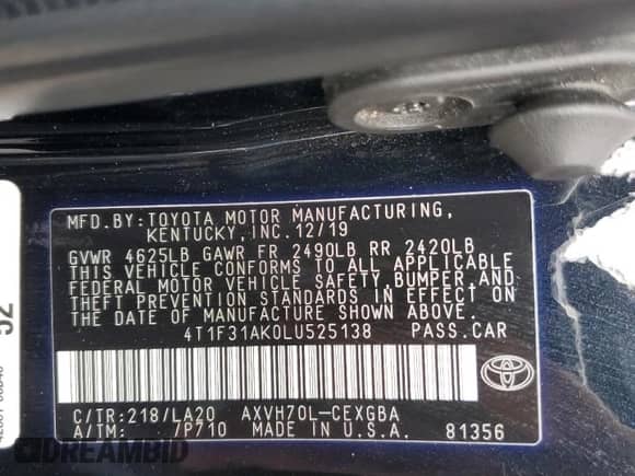 2020 Toyota Camry Hybrid XLE z VIN 4T1F31AK0LU525138, wystawiony jako Copart lot #80226425 z przebiegiem 131 550 mil mil oraz Szkoda całkowita • Salvage title. Historia ofert i sprzedaży dostępna na DreamBid. Obrazek 12.