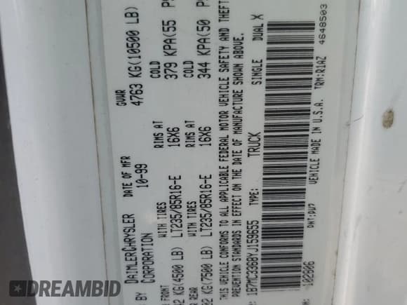 ✅ 2000 Dodge 3500 • VIN: 1B7MC3368YJ159655 • Lot: 66859825. Listed on Copart with 476,229 mi. Free auction sales archive from the USA and detailed vehicle history report at DreamBid. Image 13.