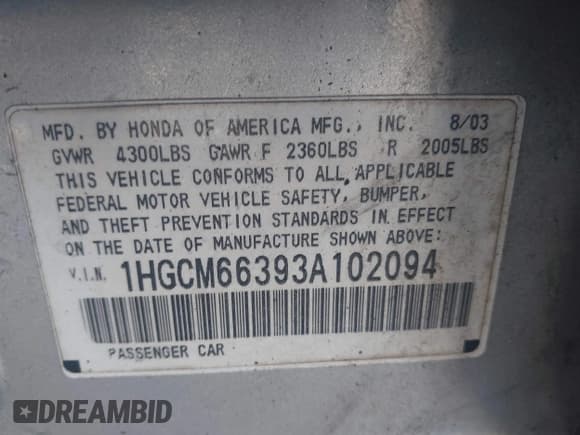 ✅ 2003 Honda Accord LX • VIN: 1HGCM66393A102094 • Lot: 41762701. Listed on IAAI with 171,002 mi. Free auction sales archive from the USA and detailed vehicle history report at DreamBid. Image 9.
