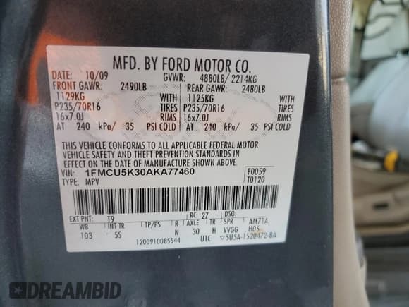 ✅ 2010 Ford Escape Hybrid • VIN: 1FMCU5K30AKA77460 • Lot: 56363305. Listed on Copart with 294,973 mi. Free auction sales archive from the USA and detailed vehicle history report at DreamBid. Image 12.
