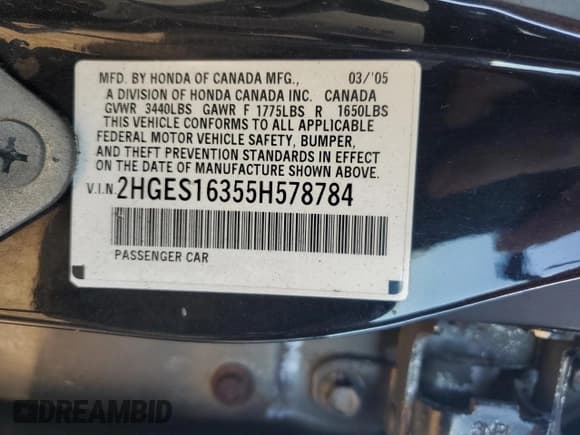 ✅ 2005 Honda Civic VP • VIN: 2HGES16355H578784 • Lot: 85090675. Listed on Copart with 122,701 mi. Free auction sales archive from the USA and detailed vehicle history report at DreamBid. Image 12.