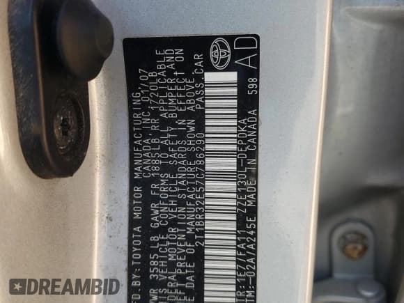 ✅ 2007 Toyota Corolla CE • VIN: 2T1BR32E57C786290 • Lot: 90427665. Listed on Copart with 299,999 mi. Free auction sales archive from the USA and detailed vehicle history report at DreamBid. Image 13.