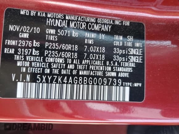 ✅ 2011 Hyundai Santa Fe Limited • VIN: 5XYZK4AG8BG009739 • Lot: 71326595. Listed on Copart with 117,249 mi. Free auction sales archive from the USA and detailed vehicle history report at DreamBid. Image 13.