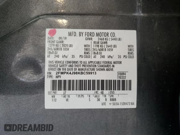 ✅ 2019 Ford Edge SEL • VIN: 2FMPK4J98KBC59913 • Lot: 85510565. Listed on Copart with 51,308 mi. Free auction sales archive from the USA and detailed vehicle history report at DreamBid. Image 13.