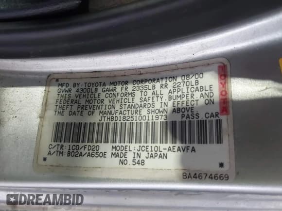 ✅ 2001 Lexus IS 300/350 • VIN: JTHBD182510011973 • Lot: 43040080. Listed on IAAI with 270,557 mi. Free auction sales archive from the USA and detailed vehicle history report at DreamBid. Image 9.