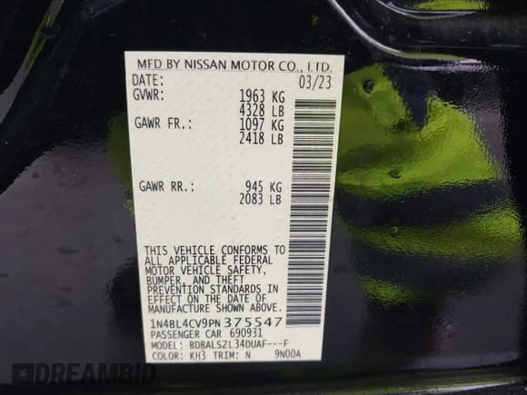 ✅ 2023 Nissan Altima SR • VIN: 1N4BL4CV9PN375547 • Lot: 43634375. Listed on IAAI with 31,015 mi. Free auction sales archive from the USA and detailed vehicle history report at DreamBid. Image 9.