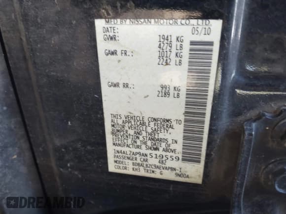 ✅ 2010 Nissan Altima S • VIN: 1N4AL2AP9AN519559 • Lot: 43424187. Listed on IAAI with 131,521 mi. Free auction sales archive from the USA and detailed vehicle history report at DreamBid. Image 9.