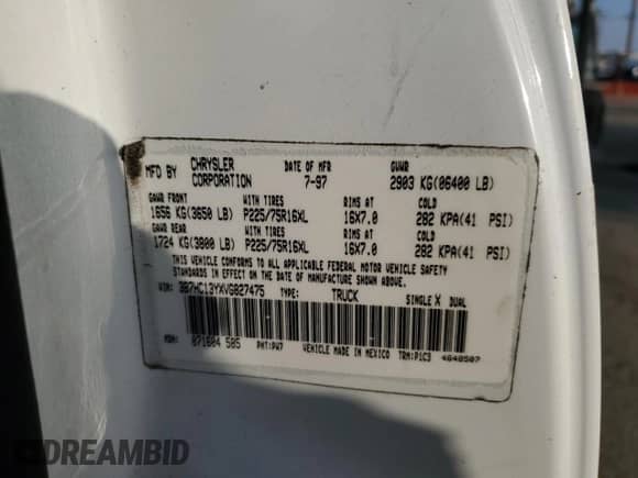 1997 Dodge 1500 с VIN 3B7HC13YXVG827475, выставлен на аукционе Copart как лот 86077464 с пробегом 210 679 миль миль и Чистый • Clean title. История ставок и продаж доступна на DreamBid. Изображение 12.