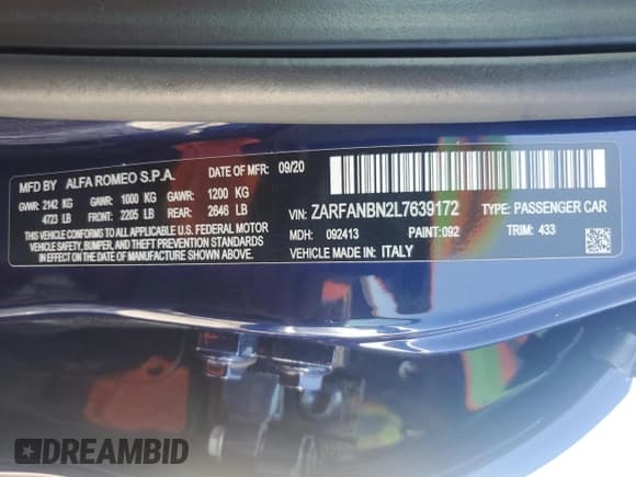 ✅ 2020 Alfa Romeo Giulia Ti • VIN: ZARFANBN2L7639172 • Lot: 69197085. Listed on Copart with Not provided. Free auction sales archive from the USA and detailed vehicle history report at DreamBid. Image 12.