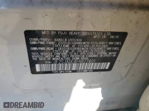 2015 Subaru Forester Premium с VIN JF2SJADC4FH827401, выставлен на аукционе Copart как лот 82424025 с пробегом 118 941 миль миль и Чистый • Clean title. История ставок и продаж доступна на DreamBid. Изображение 12.