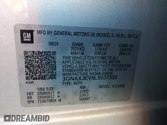 ✅ 2020 Chevrolet Equinox LT • VIN: 3GNAXJEV5LS537333 • Lot: 88051795. Listed on Copart with 40,554 mi. Free auction sales archive from the USA and detailed vehicle history report at DreamBid. Image 14.