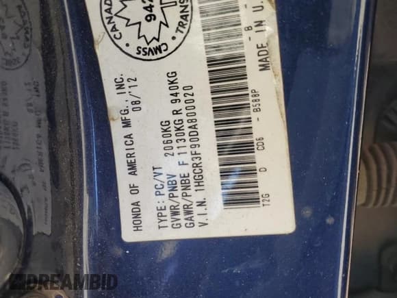 ✅ 2013 Honda Accord Touring • VIN: 1HGCR3F90DA800020 • Лот: 89847895. Опубликован ранее на Copart с пробегом 186 224 миль. Бесплатный доступ к архиву аукционных продаж из США и подробный отчёт об истории автомобиля на DreamBid. Изображение 12.