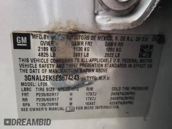 2014 Chevrolet Captiva Sport LS z VIN 3GNAL2EK6ES674243, wystawiony jako Copart lot #81742154 z przebiegiem 185 254 mil mil oraz Czysty tytuł • Clean title. Historia ofert i sprzedaży dostępna na DreamBid. Obrazek 13.