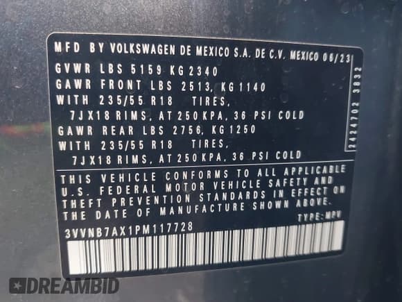 ✅ 2023 Volkswagen Tiguan SE • VIN: 3VVNB7AX1PM117728 • Lot: 42673251. Listed on IAAI with 27,915 mi. Free auction sales archive from the USA and detailed vehicle history report at DreamBid. Image 9.