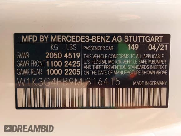 ✅ 2021 Mercedes-Benz A 220 • VIN: W1K3G4FB9MJ316415 • Lot: 42377922. Listed on IAAI with 10,171 mi. Free auction sales archive from the USA and detailed vehicle history report at DreamBid. Image 9.