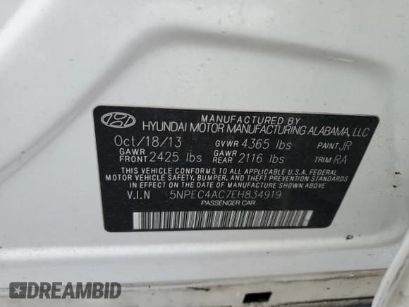 ✅ 2014 Hyundai Sonata SE • VIN: 5NPEC4AC7EH834919 • Lot: 74460344. Listed on Copart with Not provided. Free auction sales archive from the USA and detailed vehicle history report at DreamBid. Image 12.