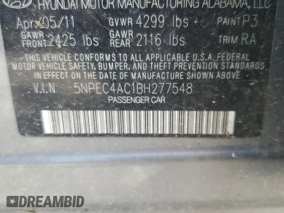 ✅ 2011 Hyundai Sonata SE • VIN: 5NPEC4AC1BH277548 • Lot: 72609934. Listed on Copart with Not provided. Free auction sales archive from the USA and detailed vehicle history report at DreamBid. Image 12.