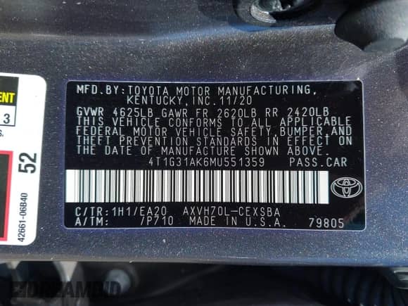 2021 Toyota Camry Hybrid SE z VIN 4T1G31AK6MU551359, wystawiony jako IAAI lot #42995923 z przebiegiem 54 373 mil mil oraz . Historia ofert i sprzedaży dostępna na DreamBid. Obrazek 9.