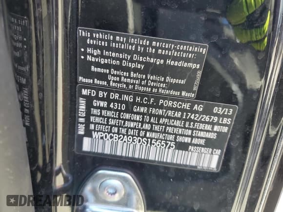 ✅ 2013 Porsche 911 Carrera S • VIN: WP0CB2A93DS156575 • Лот: 74760664. Опубликован ранее на Copart с пробегом Не указан. Бесплатный доступ к архиву аукционных продаж из США и подробный отчёт об истории автомобиля на DreamBid. Изображение 13.