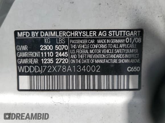 ✅ 2008 Mercedes-Benz CLS 550 • VIN: WDDDJ72X78A134002 • Lot: 52027285. Listed on Copart with 83,484 mi. Free auction sales archive from the USA and detailed vehicle history report at DreamBid. Image 14.