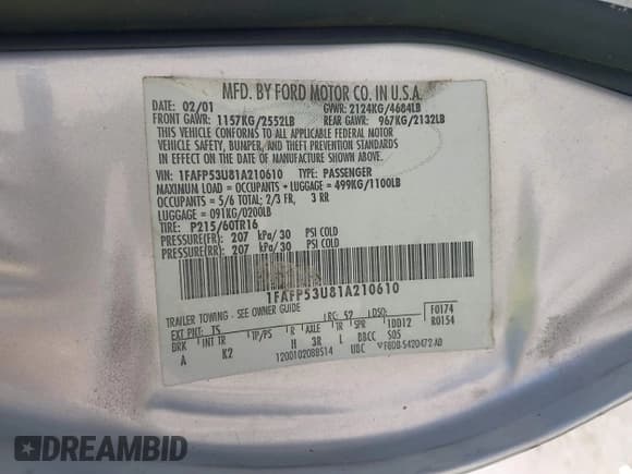 ✅ 2001 Ford Taurus SE • VIN: 1FAFP53U81A210610 • Лот: 42762035. Опубликован ранее на IAAI с пробегом 191 658 миль. Бесплатный доступ к архиву аукционных продаж из США и подробный отчёт об истории автомобиля на DreamBid. Изображение 9.