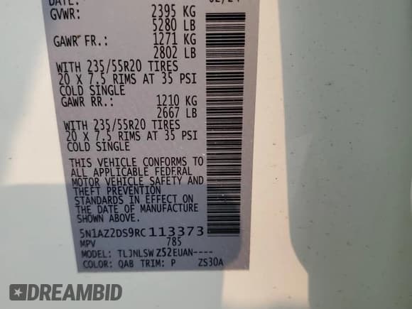 ✅ 2024 Nissan Murano Platinum • VIN: 5N1AZ2DS9RC113373 • Lot: 58292325. Listed on Copart with 8,207 mi. Free auction sales archive from the USA and detailed vehicle history report at DreamBid. Image 13.