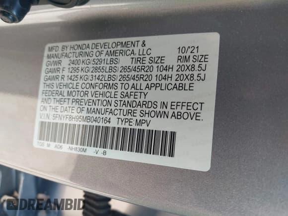 ✅ 2021 Honda Passport Touring • VIN: 5FNYF8H95MB040164 • Lot: 43274621. Wystawiony na IAAI z przebiegiem 125 665 mil. Bezpłatny archiwum sprzedaży aukcyjnych z USA i szczegółowy raport historii pojazdu na DreamBid. Zdjęcie 9.