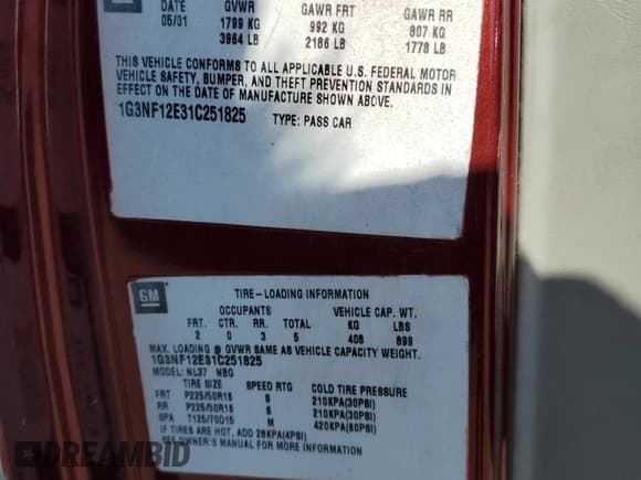 ✅ 2001 Oldsmobile Alero GLS • VIN: 1G3NF12E31C251825 • Lot: 80578795. Listed on Copart with 98,571 mi. Free auction sales archive from the USA and detailed vehicle history report at DreamBid. Image 13.