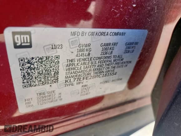 2024 Chevrolet Trax LS с VIN KL77LFE28RC181554, выставлен на аукционе Copart как лот 85891235 с пробегом 27 637 миль миль и Списание • Salvage title. История ставок и продаж доступна на DreamBid. Изображение 13.