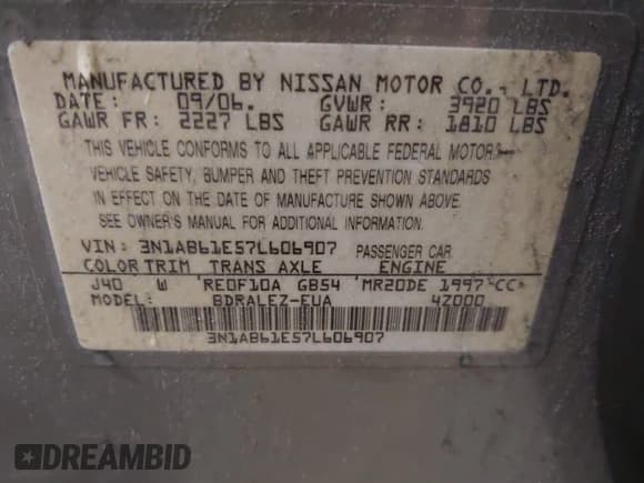 ✅ 2007 Nissan Sentra S • VIN: 3N1AB61E57L606907 • Lot: 42775336. Listed on IAAI with 111,435 mi. Free auction sales archive from the USA and detailed vehicle history report at DreamBid. Image 9.