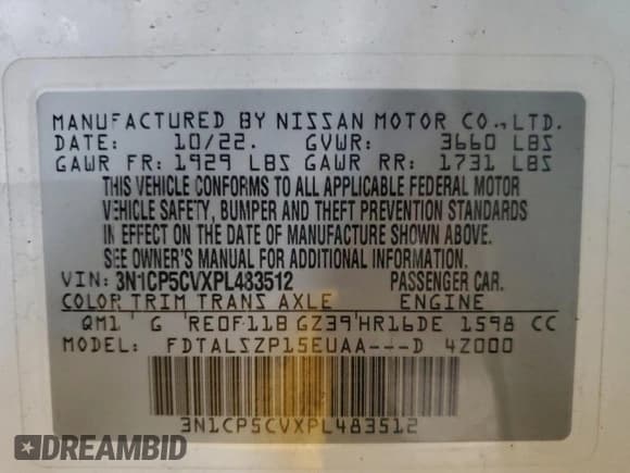 ✅ 2023 Nissan Kicks SV • VIN: 3N1CP5CVXPL483512 • Лот: 94102285. Опубликован ранее на Copart с пробегом 76 331 миль. Бесплатный доступ к архиву аукционных продаж из США и подробный отчёт об истории автомобиля на DreamBid. Изображение 12.