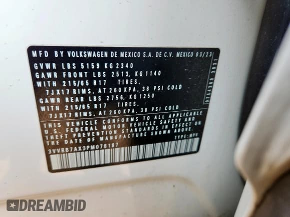 ✅ 2023 Volkswagen Tiguan S • VIN: 3VVRB7AX3PM078187 • Лот: 70384085. Опубликован ранее на Copart с пробегом 36 992 миль. Бесплатный доступ к архиву аукционных продаж из США и подробный отчёт об истории автомобиля на DreamBid. Изображение 14.