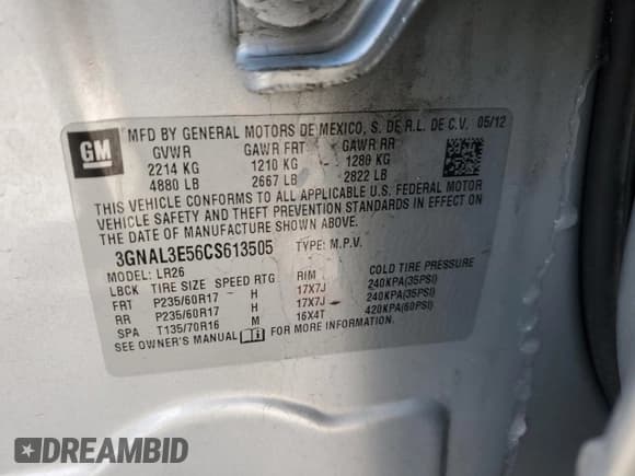 ✅ 2012 Chevrolet Captiva Sport LT • VIN: 3GNAL3E56CS613505 • Lot: 44539355. Wystawiony na Copart z przebiegiem 90 823 mil. Bezpłatny archiwum sprzedaży aukcyjnych z USA i szczegółowy raport historii pojazdu na DreamBid. Zdjęcie 13.