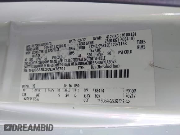 ✅ 2012 Ford Econoline Passenger XLT • VIN: 1FBSS3BLXCDA76791 • Lot: 43721429. Listed on IAAI with 148,178 mi. Free auction sales archive from the USA and detailed vehicle history report at DreamBid. Image 9.