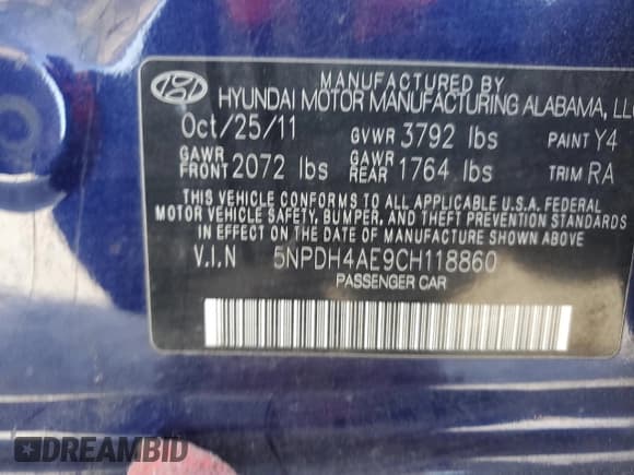 ✅ 2012 Hyundai Elantra Limited • VIN: 5NPDH4AE9CH118860 • Lot: 92302465. Listed on Copart with 133,852 mi. Free auction sales archive from the USA and detailed vehicle history report at DreamBid. Image 12.