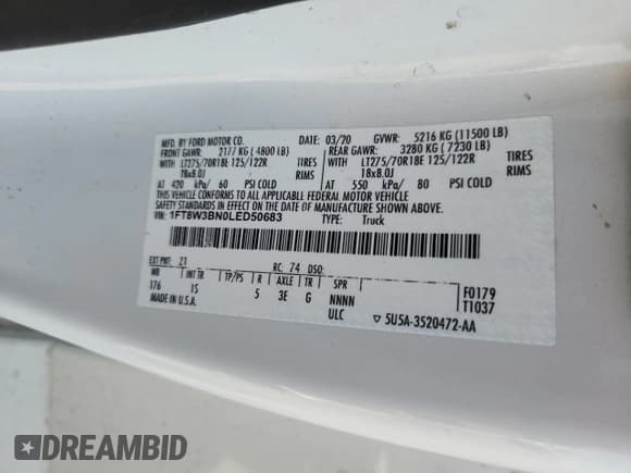 ✅ 2020 Ford F-350 XL • VIN: 1FT8W3BN0LED50683 • Lot: 64806485. Listed on Copart with 77,995 mi. Free auction sales archive from the USA and detailed vehicle history report at DreamBid. Image 13.