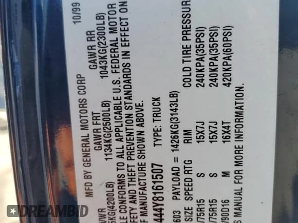 ✅ 2000 GMC Sonoma SLS 1SE • VIN: 1GTCS1444Y8161507 • Lot: 75319114. Listed on Copart with 51,193 mi. Free auction sales archive from the USA and detailed vehicle history report at DreamBid. Image 12.