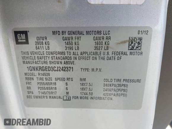 ✅ 2012 Chevrolet Traverse 1LT • VIN: 1GNKRGED3CJ242371 • Lot: 41838533. Listed on IAAI with 121,220 mi. Free auction sales archive from the USA and detailed vehicle history report at DreamBid. Image 9.