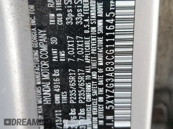 ✅ 2012 Hyundai Santa Fe GLS • VIN: 5XYZG3AB3CG111645 • Lot: 77617224. Listed on Copart with 174,556 mi. Free auction sales archive from the USA and detailed vehicle history report at DreamBid. Image 13.