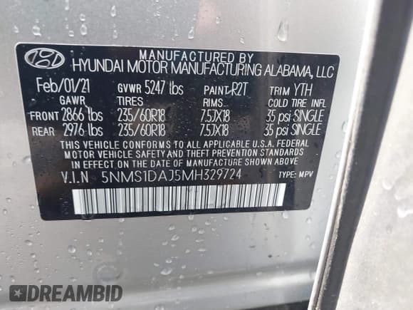 ✅ 2021 Hyundai Santa Fe SE • VIN: 5NMS1DAJ5MH329724 • Lot: 43245906. Listed on IAAI with 67,954 mi. Free auction sales archive from the USA and detailed vehicle history report at DreamBid. Image 9.