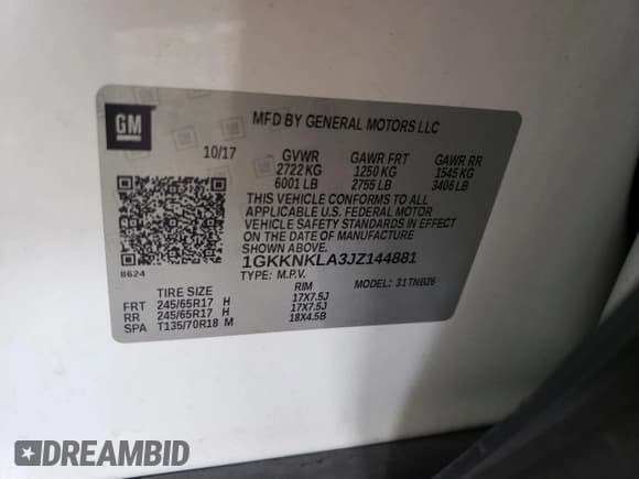 ✅ 2018 GMC Acadia SLE • VIN: 1GKKNKLA3JZ144881 • Lot: 85317705. Listed on Copart with 68,877 mi. Free auction sales archive from the USA and detailed vehicle history report at DreamBid. Image 13.