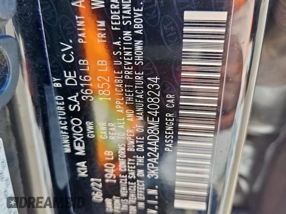 ✅ 2021 Kia Rio LX • VIN: 3KPA24AD8ME408234 • Lot: 91174485. Wystawiony na Copart z przebiegiem 64 766 mil. Bezpłatny archiwum sprzedaży aukcyjnych z USA i szczegółowy raport historii pojazdu na DreamBid. Zdjęcie 13.