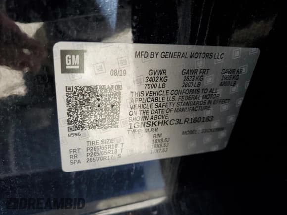 ✅ 2020 Chevrolet Suburban LT • VIN: 1GNSKHKC3LR160163 • Lot: 49920645. Listed on Copart with Not provided. Free auction sales archive from the USA and detailed vehicle history report at DreamBid. Image 13.