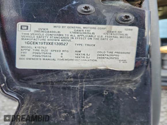 ✅ 1999 Chevrolet Silverado 1500 LS • VIN: 1GCEK19T9XE139527 • Lot: 93908665. Listed on Copart with Not provided. Free auction sales archive from the USA and detailed vehicle history report at DreamBid. Image 12.